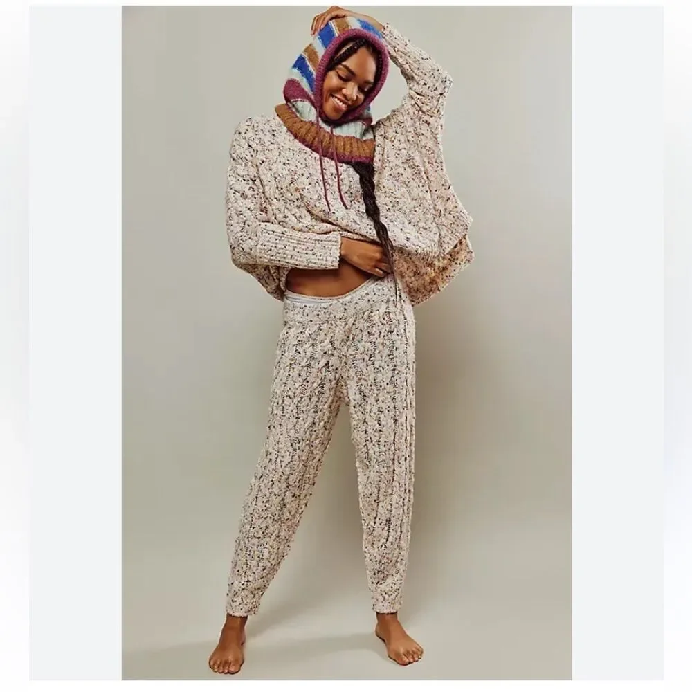 Free People Under The Mistletoe Knit Joggers Size L Color: Ivory Combo